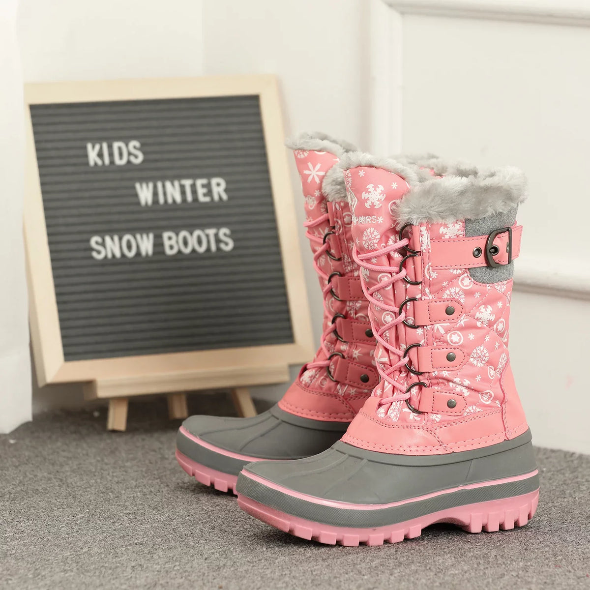 Warm Girls Boys 12 Lace Pairs Ankle Up Shoes Dream Boots dimension Winter Boots Waterproof Snow KRIVER-1 PINK