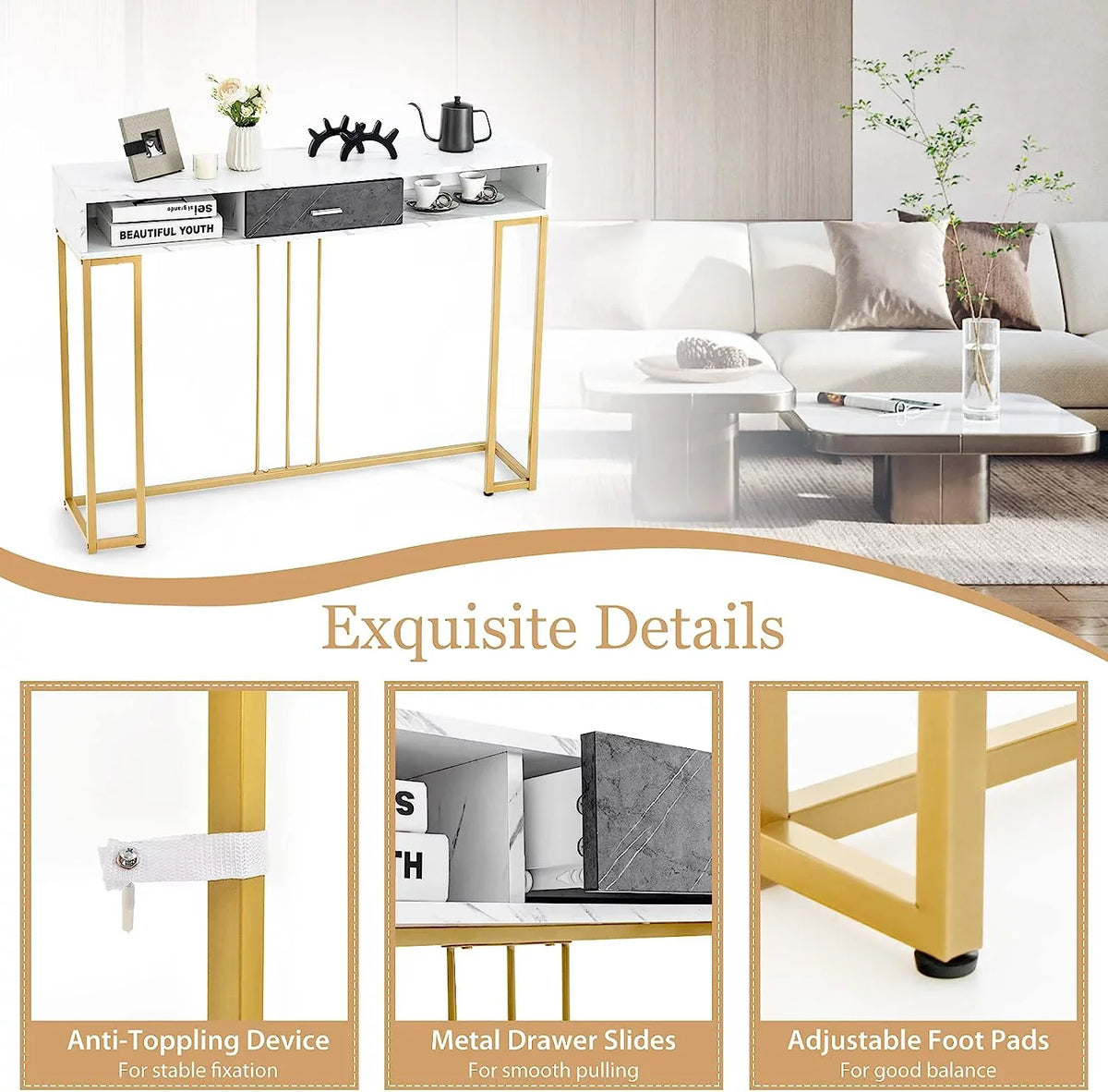 Sofa Drawer NLTBONNIE Kitchen with Table Faux &amp; - Adjustable Foyer Table for Hallway Room Pads &amp; Marble Entryway Room Anti-Toppling Console with Living Foot Device Dining Ent