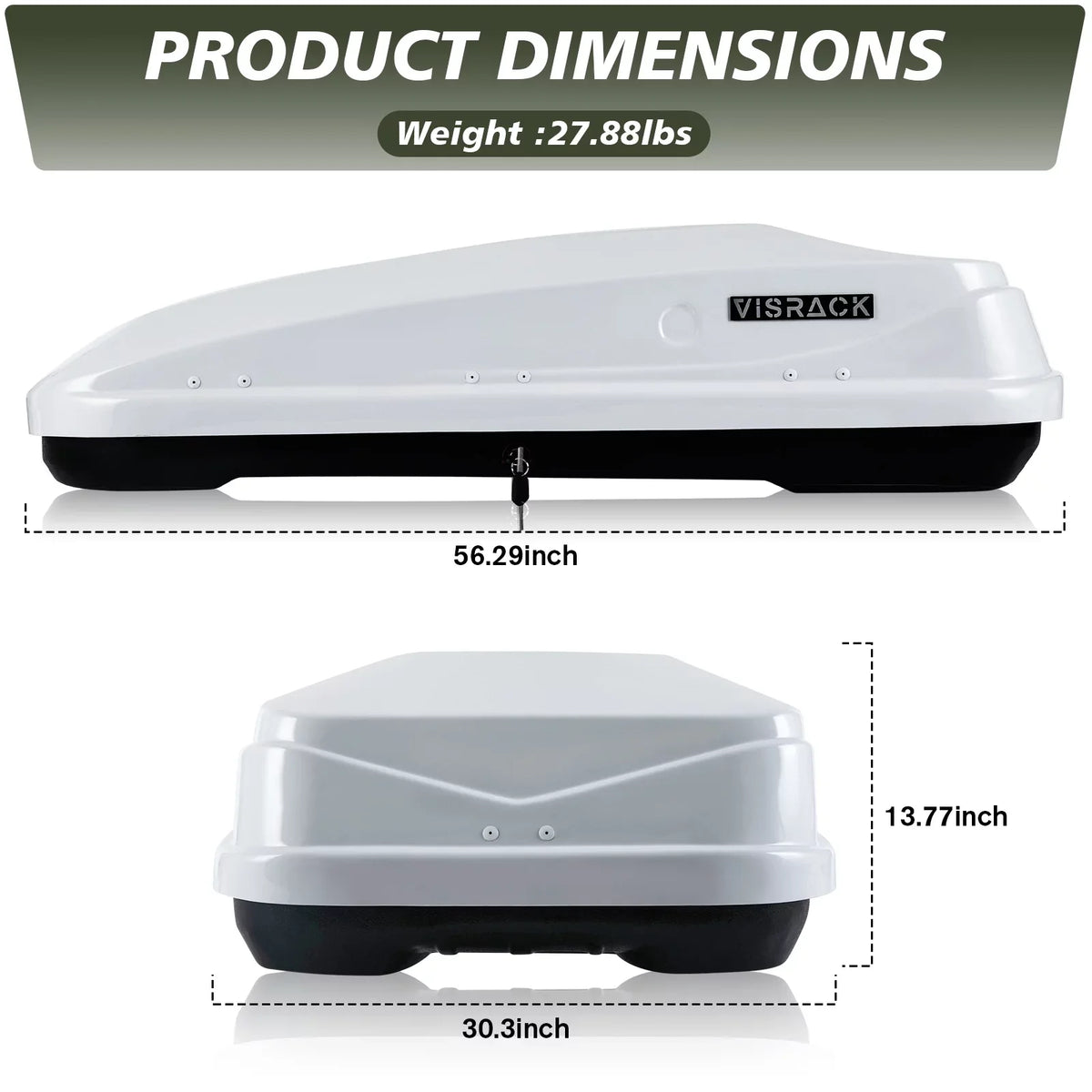 Rooftop 13.8" Double 13 Waterproof x W Rooftop Hard Rooftop ft³ SUV L Box x Large Shell with White 56.3" Cargo Cargo Carrier Box Cargo Locks, H, for 30.3"