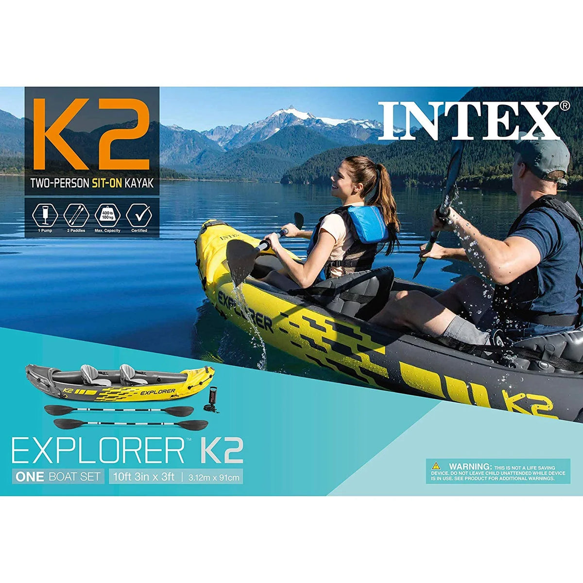 Pack) Set Person Inflatable Kayak Air (3 and K2 Pump, Explorer Yellow Intex 2