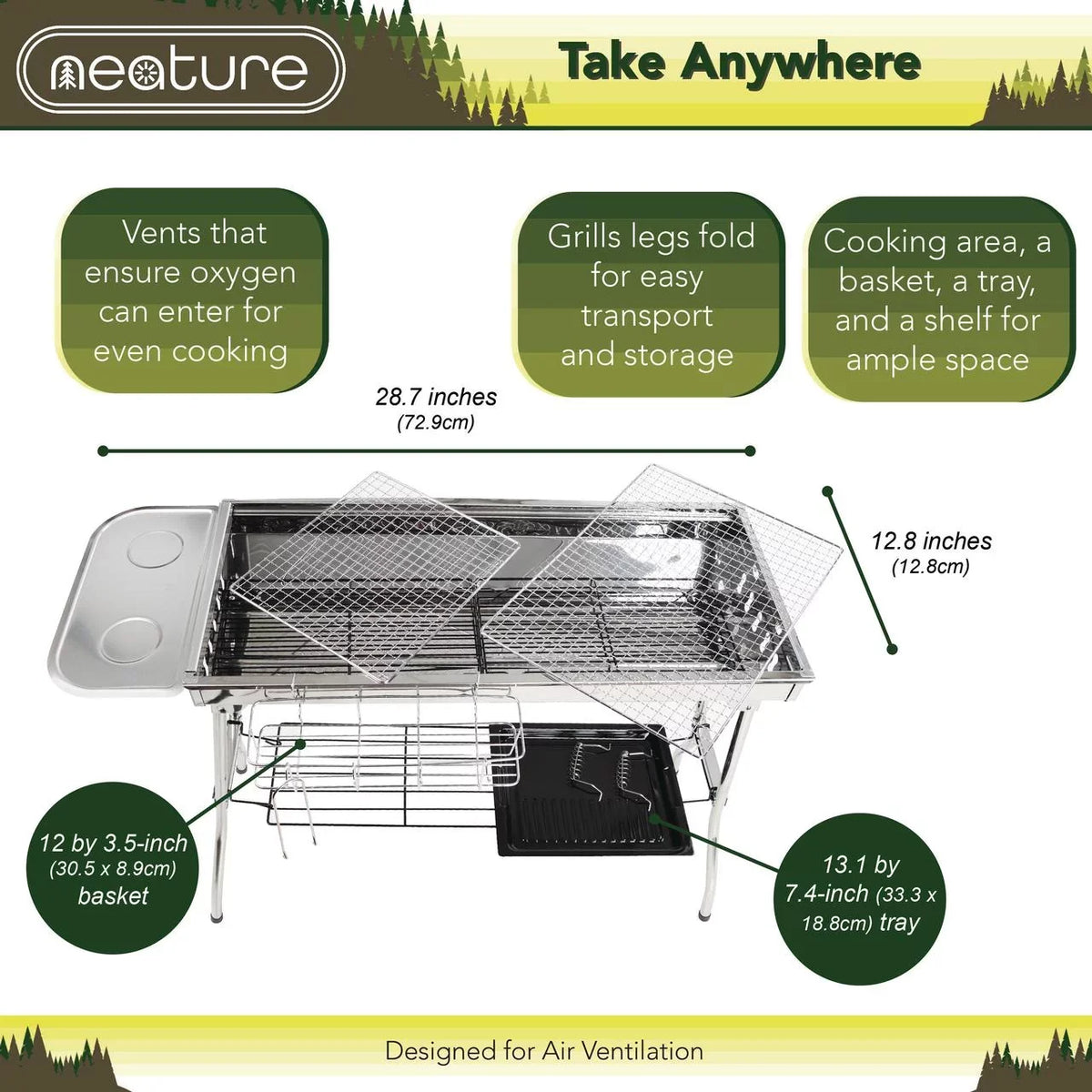 BBQ - Grill 26.8in Tall Foldable Portable Grill Camping for Charcoal Neature