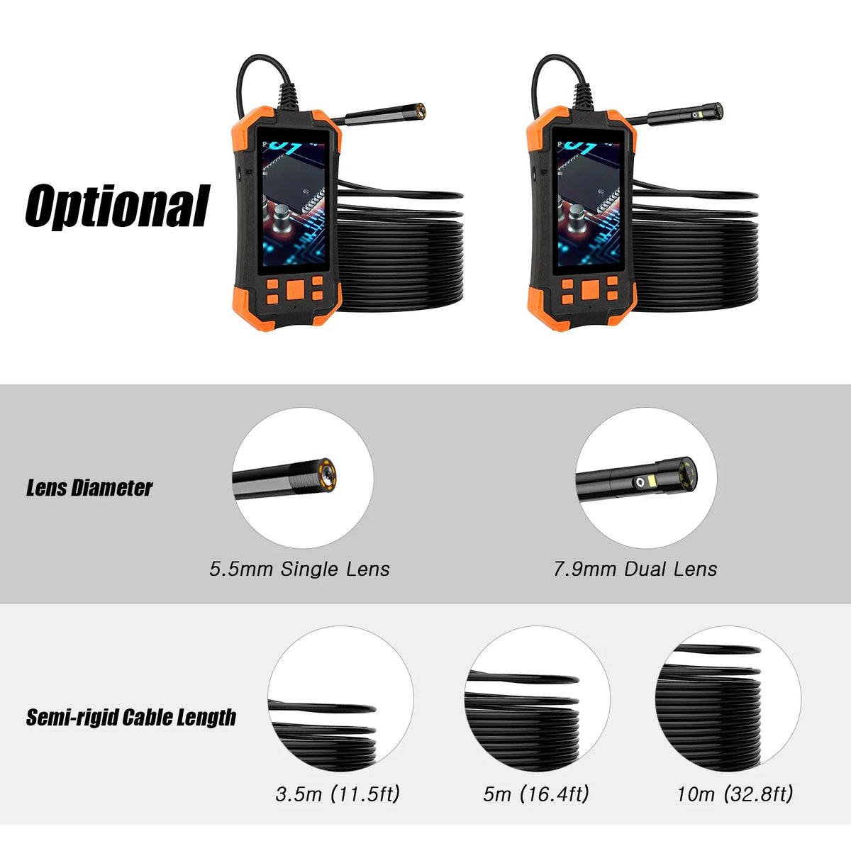 Cable/ Industrial Inspecti Semi-rigid Lens Light/ Card Probe/ Dual LED Inch for with Automobile Waterproof Camera Pipeline Slot Borescope with IPS 1080P 4.3 TF IP67 Screen 7.9mm Inspection