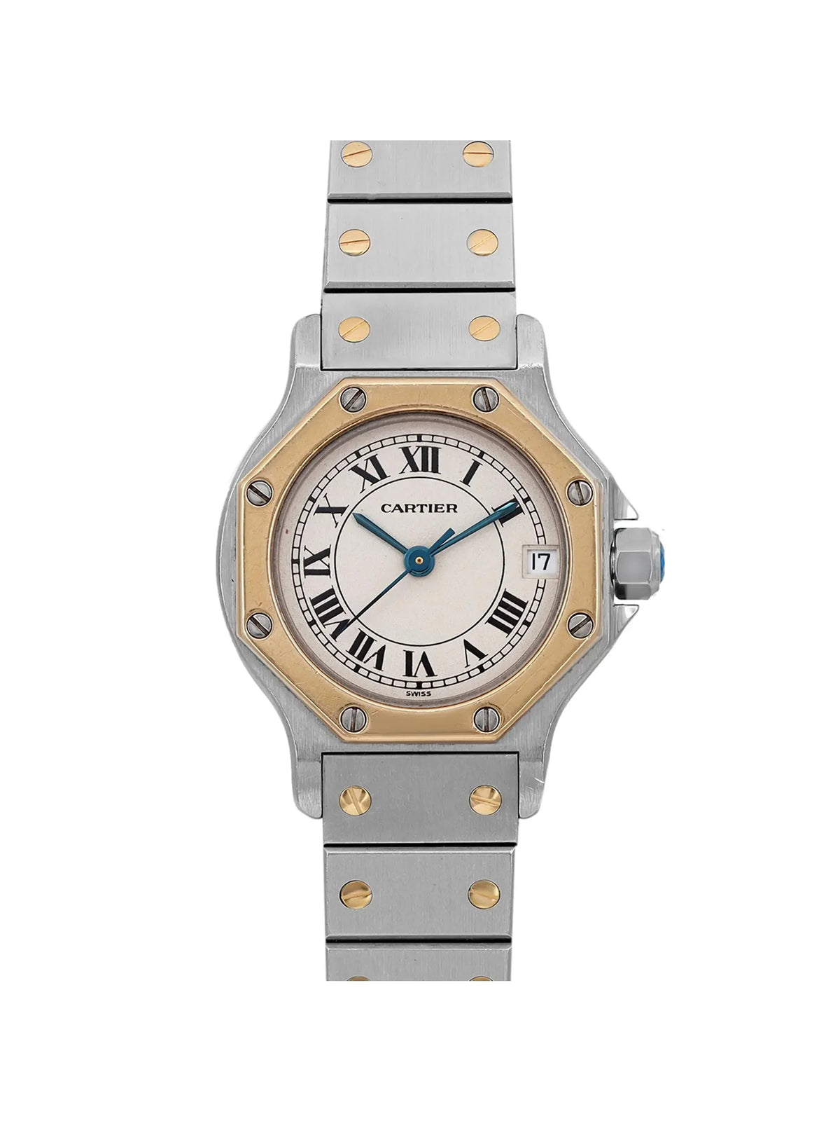 Pre-owned Santos Steel Octagon 18K Gold Watch (Good) Cream Cartier 187903 Yellow