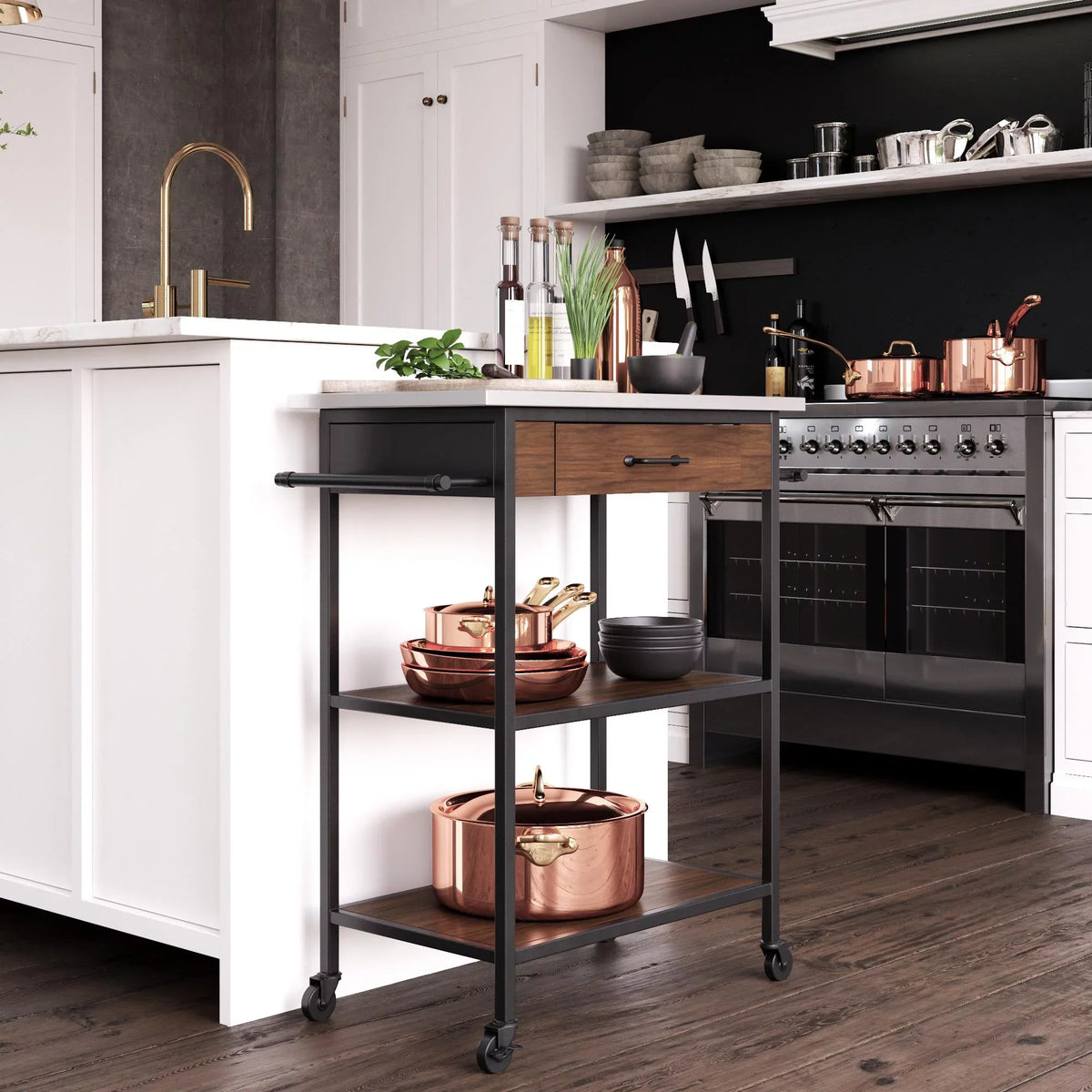 Top, Storage, Kitchen Steel Brown DHP Stainless Kane Frame, Pantry Black Counter Cart, Metal