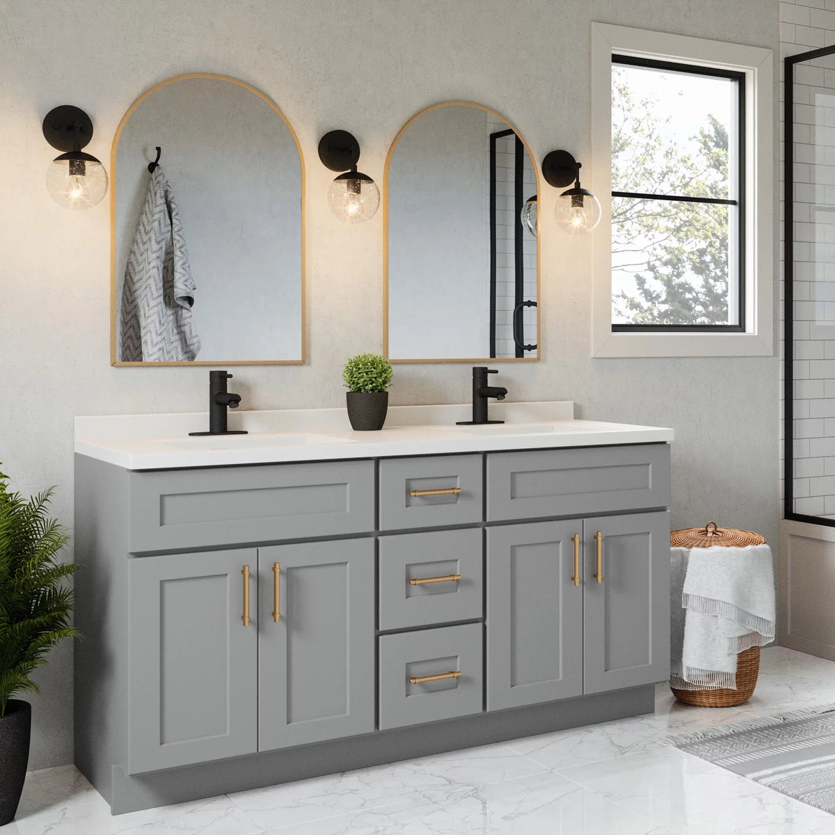 Mount White Marble Double Integrated Solid Backsplash, Rectangle with Cultured Design Camilla House Centerset 557678-WHT Top 61-inch Bowl Vanity
