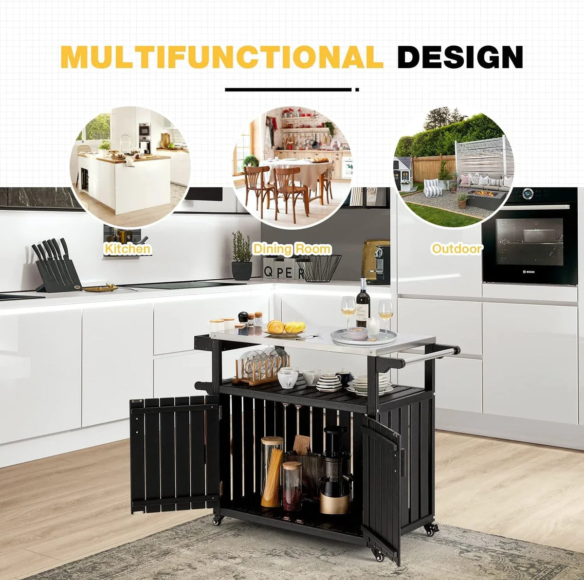 Rack, Top Spice Rolling Kitchen Cabinet, Storage With Island HDPE Black Island Table Towel Stainless Hooks, With Kitchen And Rack, Cart, Steel