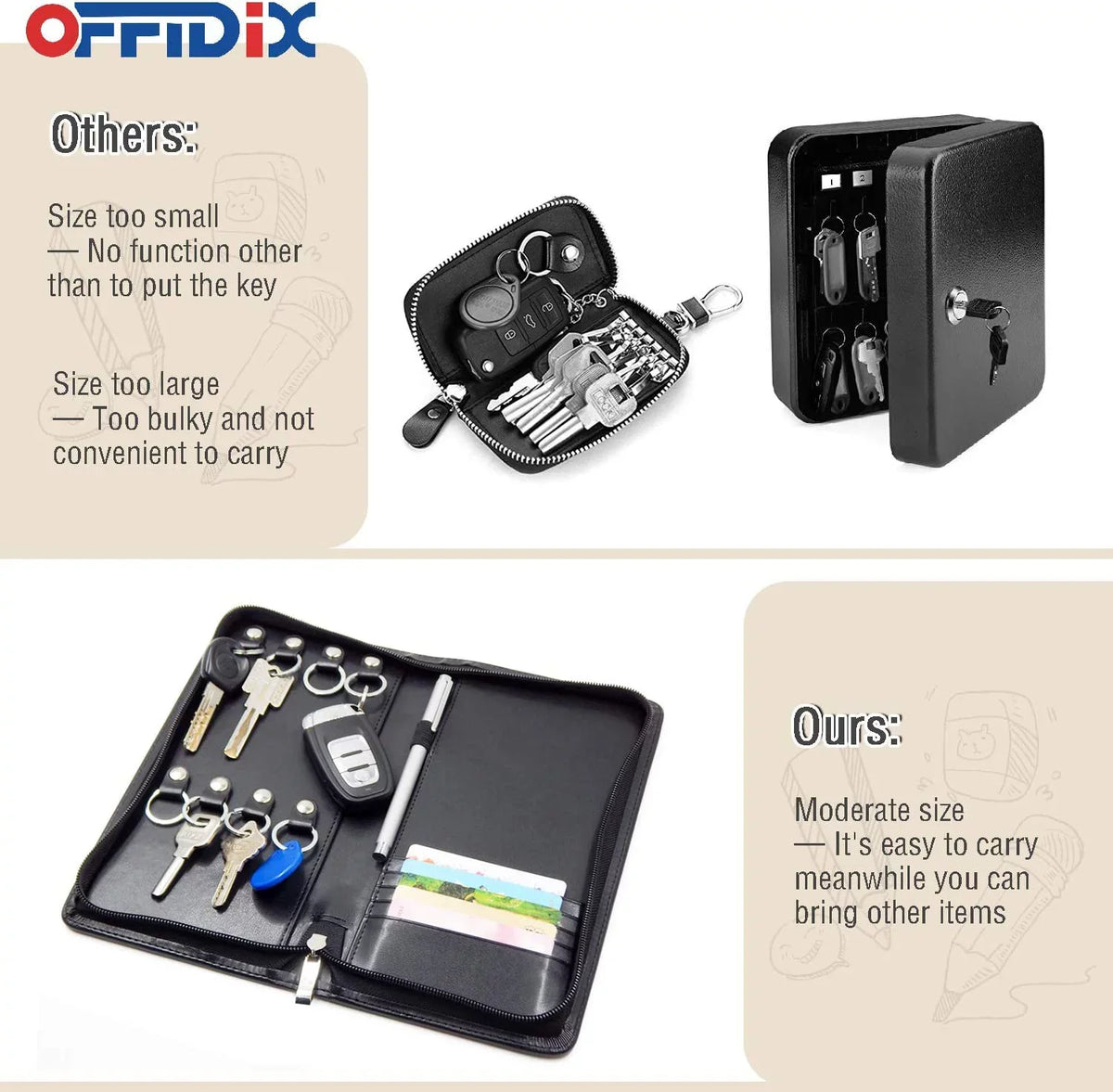 for Card Portable Organizer PU Business Key Key Sales,Hotel Portable Hooks Real Holder Padfolio Car OFFIDIX Case Estate Cabinet,8-Key Executives, Service Zippered Leather Menus
