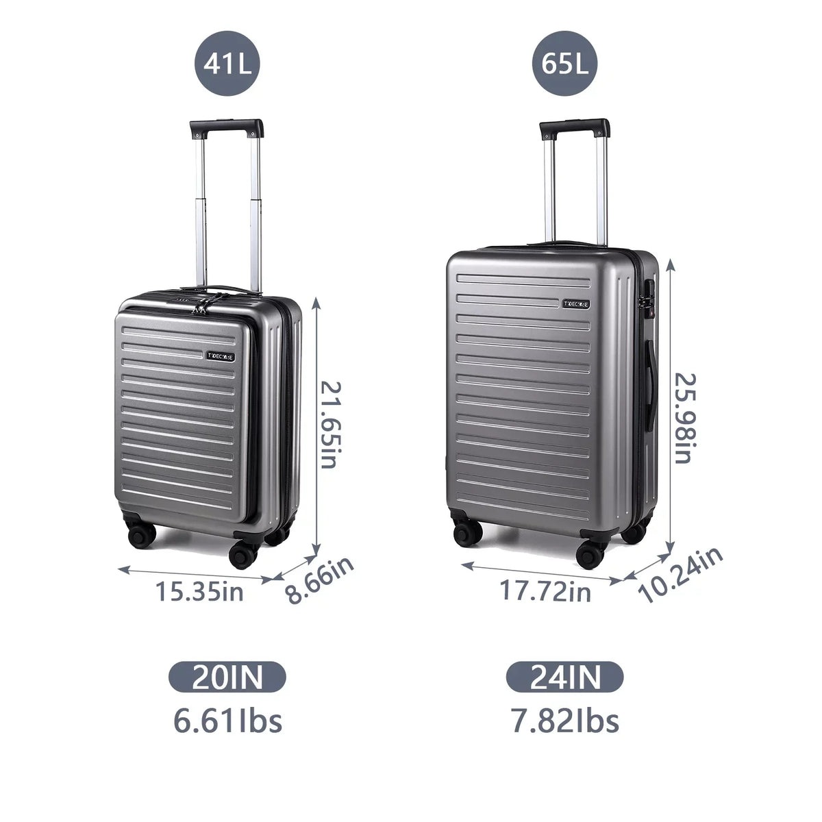 37~41L 20 Pocket Piece 65L,Dark Inch with Spinner ABS+PC with Set, Luggage Only Hardshell Lightweight Laptop TSA Lock Expandle, + 24 Wheels, 2 20/24 & Front Inch Suitcase Grey 20 &