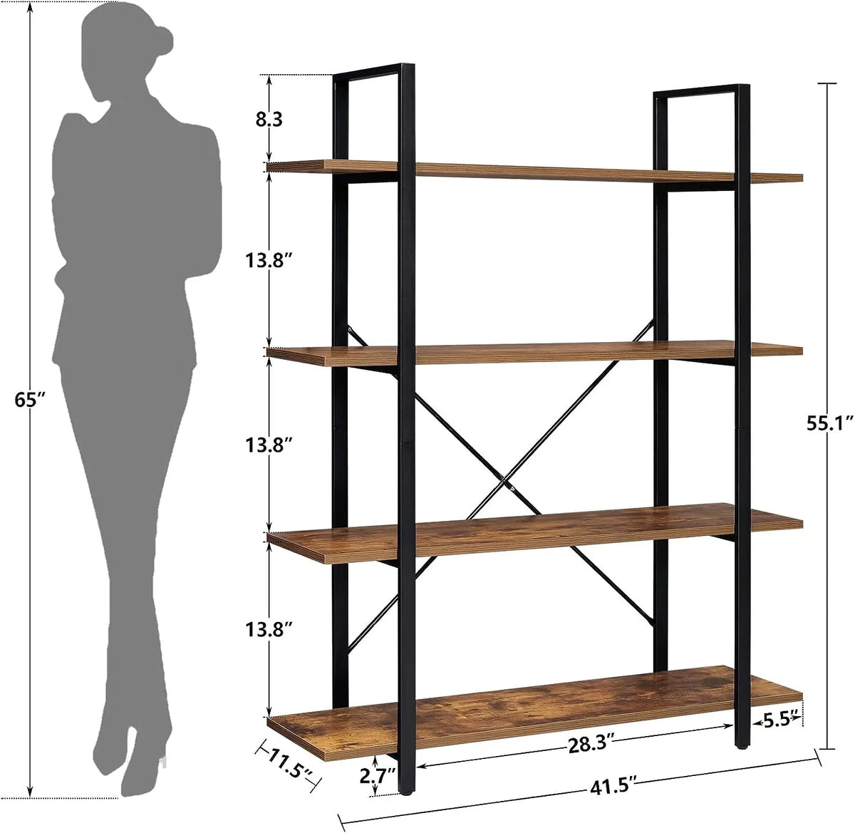 Rustic Open for 4-Tier Bedroom, Frame, Book Bookshelf, with Home Shelves Living Tall Office, Brown Display Shelf, Bookcase Metal Room, DIQIN