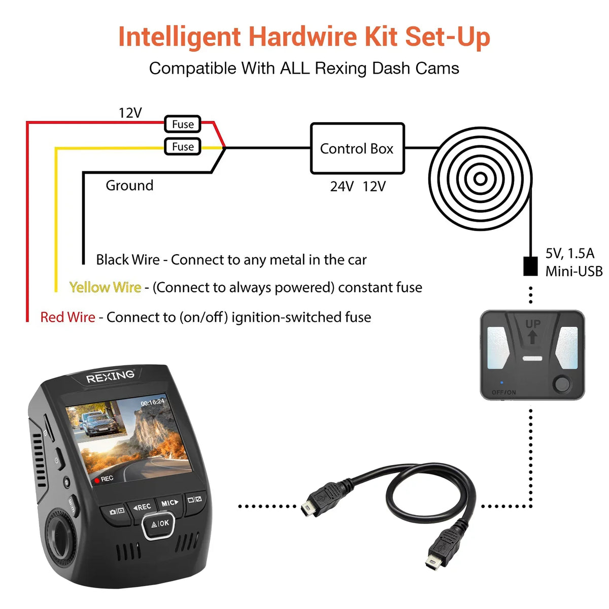Models Mini-USB All for Hardwire Dash Cam Intelligent Rexing Rexing Kit Port