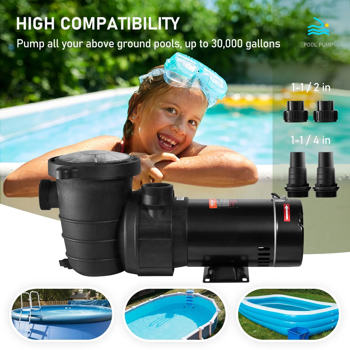 Single Pool 5280GPH Happybuy 1100W Speed Above Ground Strainer Max. Pump, Basket, Flow, Certification of for Swimming 1.5HP Pool 115V, w/ Pumps ETL