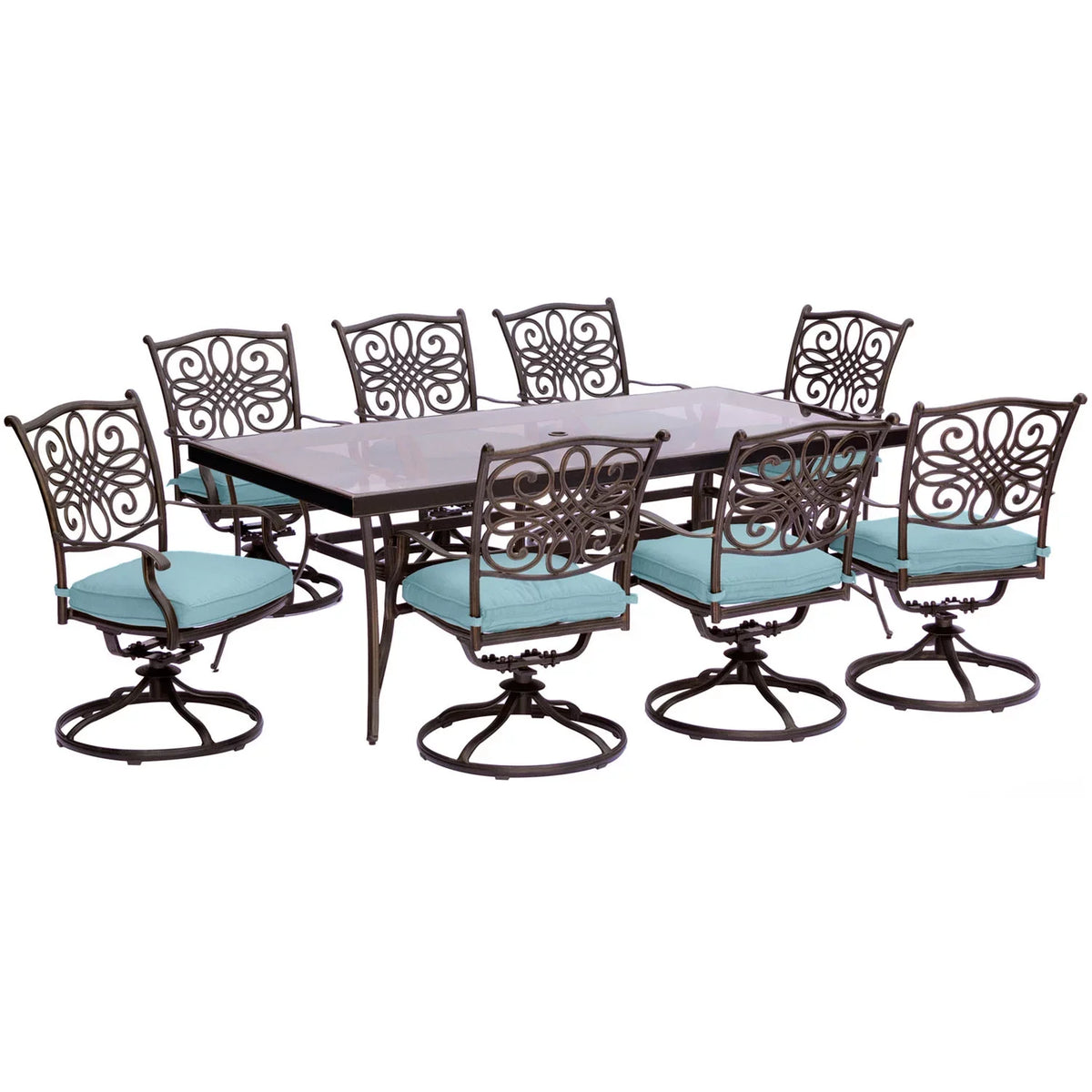 9-Piece in Blue Extra Dining Set Large with Seasons Dining Table Glass-Top Cambridge